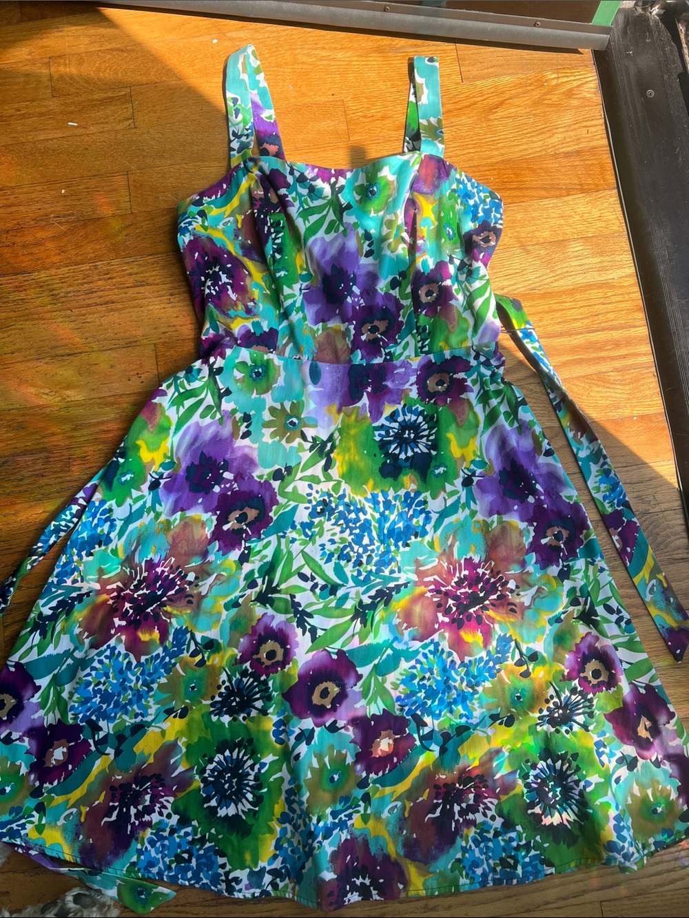 I.N. Studio Green and Blue Floral Shirred Dress size 12